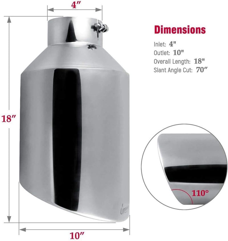 U-Power 4" to 10" Exhaust Tip Mirror Polished 4 Inch Inlet 10 Inch Outlet Exhaust Tailpipe 18" Length Bolt-On 45 Degree Angle Cut Tail Pipe - Image 4
