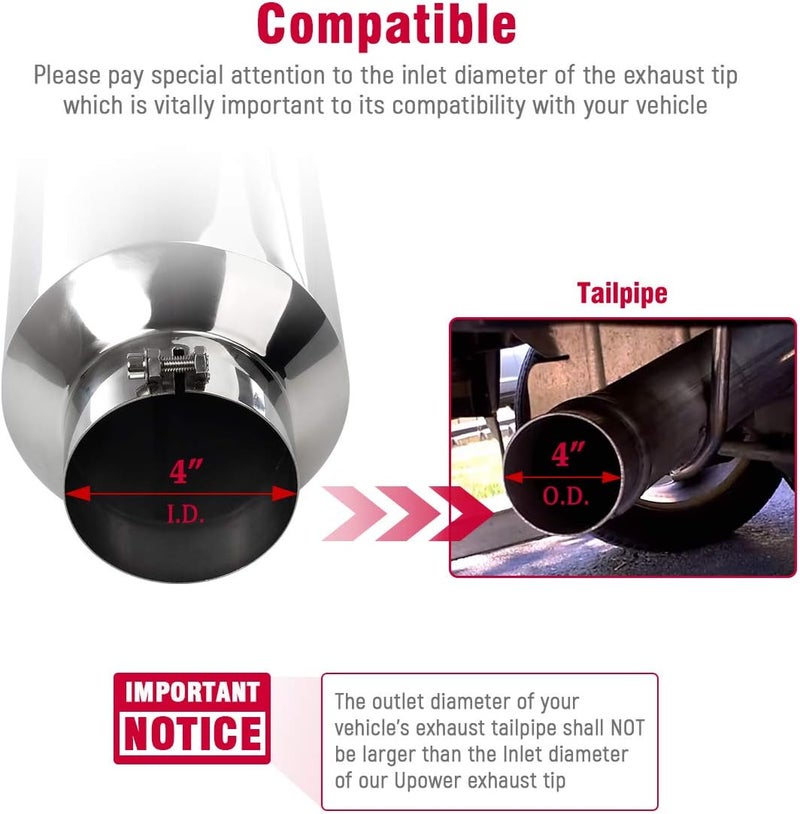 U-Power 4" to 10" Exhaust Tip Mirror Polished 4 Inch Inlet 10 Inch Outlet Exhaust Tailpipe 18" Length Bolt-On 45 Degree Angle Cut Tail Pipe - Image 2