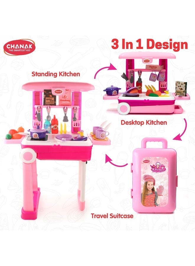 Chanak Kitchen set for girls, kitchen suitcase set on wheels, colorful pretend play cooking set for girls with 24 pieces, portable kitchen set for 3 years, (kitchen set trolley) - Image 3