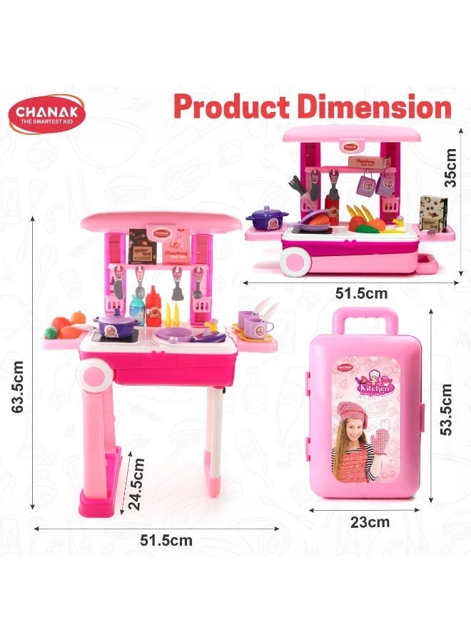 Chanak Kitchen set for girls, kitchen suitcase set on wheels, colorful pretend play cooking set for girls with 24 pieces, portable kitchen set for 3 years, (kitchen set trolley) - Image 5