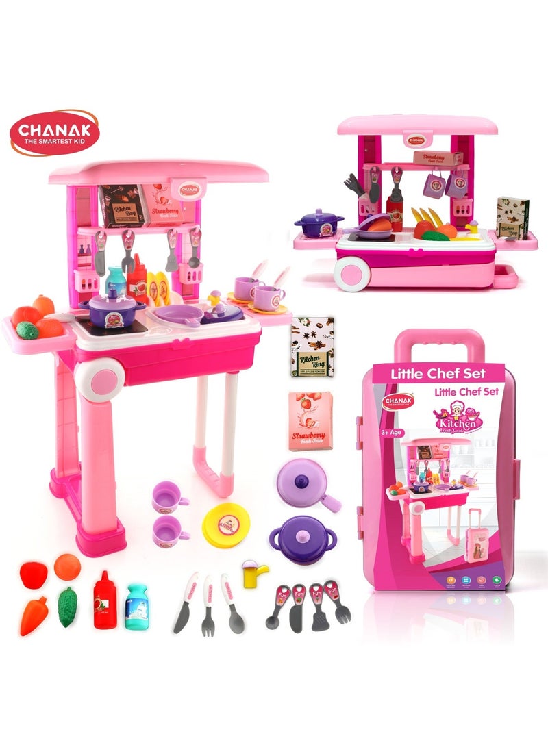 Chanak Kitchen set for girls, kitchen suitcase set on wheels, colorful pretend play cooking set for girls with 24 pieces, portable kitchen set for 3 years, (kitchen set trolley) - Image 2