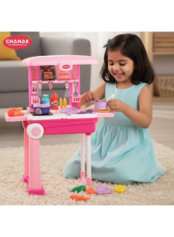 Chanak Kitchen set for girls, kitchen suitcase set on wheels, colorful pretend play cooking set for girls with 24 pieces, portable kitchen set for 3 years, (kitchen set trolley) - Image 1