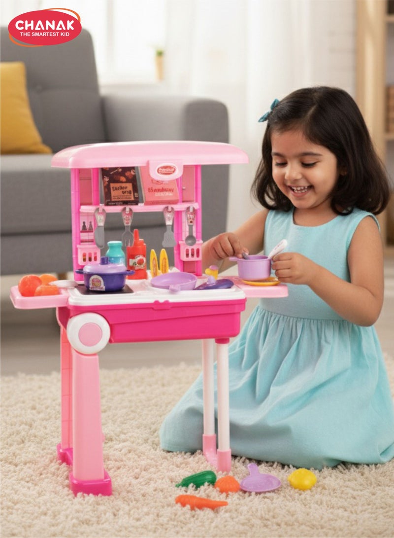 Chanak Kitchen set for girls, kitchen suitcase set on wheels, colorful pretend play cooking set for girls with 24 pieces, portable kitchen set for 3 years, (kitchen set trolley) - Image 1