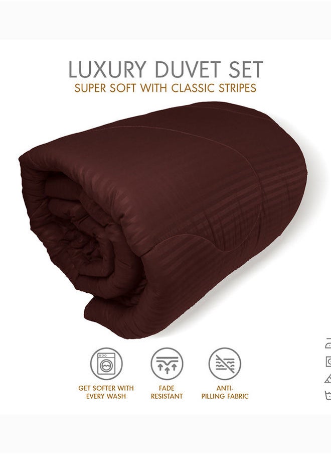 Hotel Linen Klub - Down Alternative Comforter  Set -Ultra Soft Brushed Stripe Microfiber Fabric, 200GSM Soft Fibersheet Filling, Size : King  240 x 260cm  Chocolate - Image 1