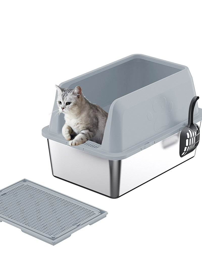 Kidle - Large Stainless Steel Cat Litter Box with Litter Scoop Cat Toilet Cat Litter Tray High Wall Side Shell Non-Sticky Anti Splashing and Easy Clean - Image 1