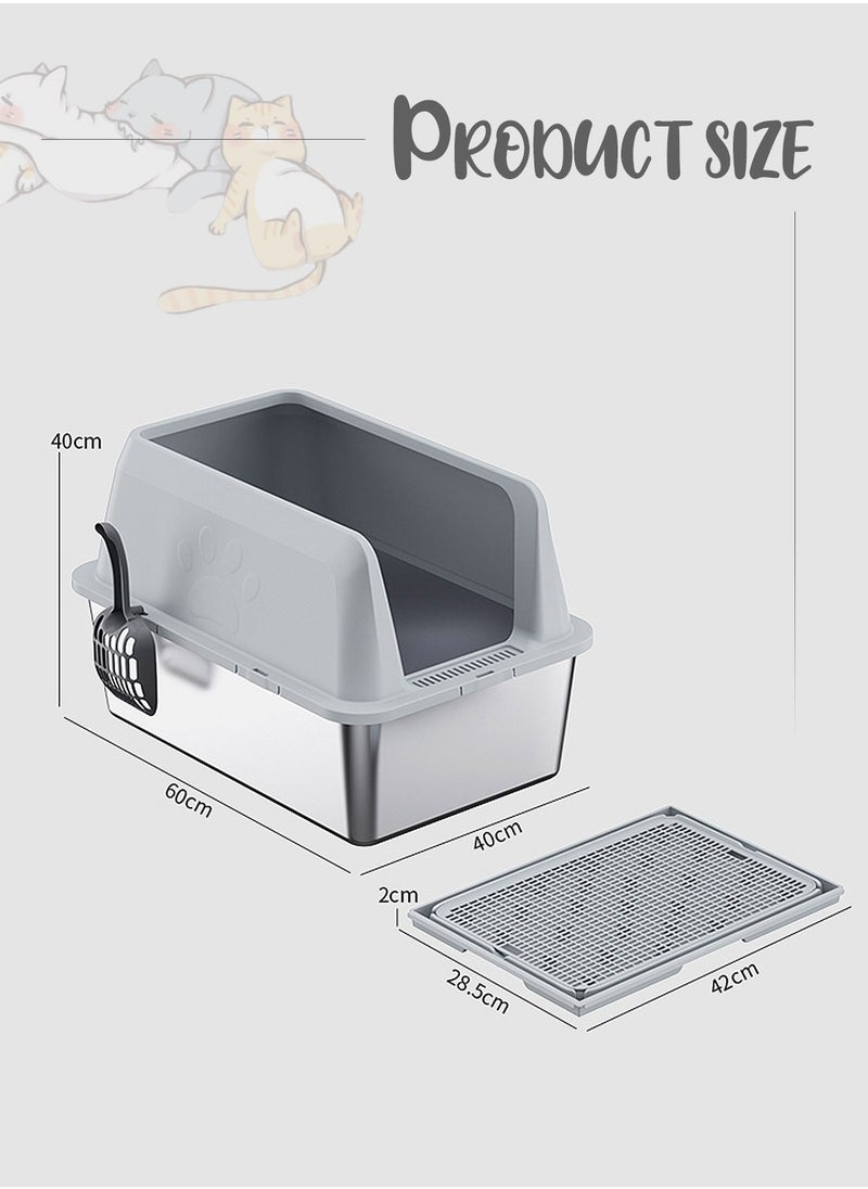 Kidle - Large Stainless Steel Cat Litter Box with Litter Scoop Cat Toilet Cat Litter Tray High Wall Side Shell Non-Sticky Anti Splashing and Easy Clean - Image 1