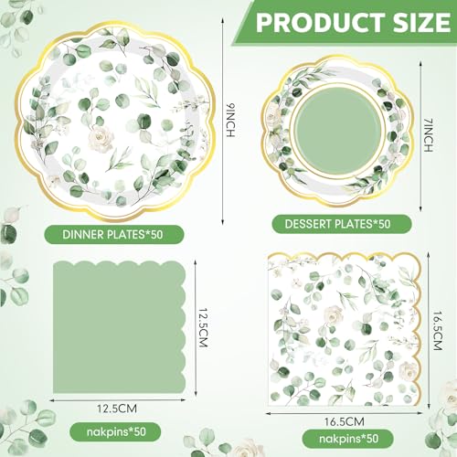 Funnymoom 200 Pcs Eucalyptus Party Supplies Kit Sage Green Disposable Paper Dinner Dessert Plates Luncheon Napkins and Beverage Napkins for Birthday Baby Shower Bridal Shower Wedding Party 50 Guests - Image 2