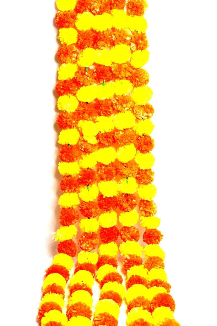 SHOPEE Pack of 5 Strings Yellow Orange Artificial Flowers (Genda phool) for Home Decoration, Diwali Dassehra Ganesh Festival Decoration (Yellow and Orange, 5 Pieces) - Image 1