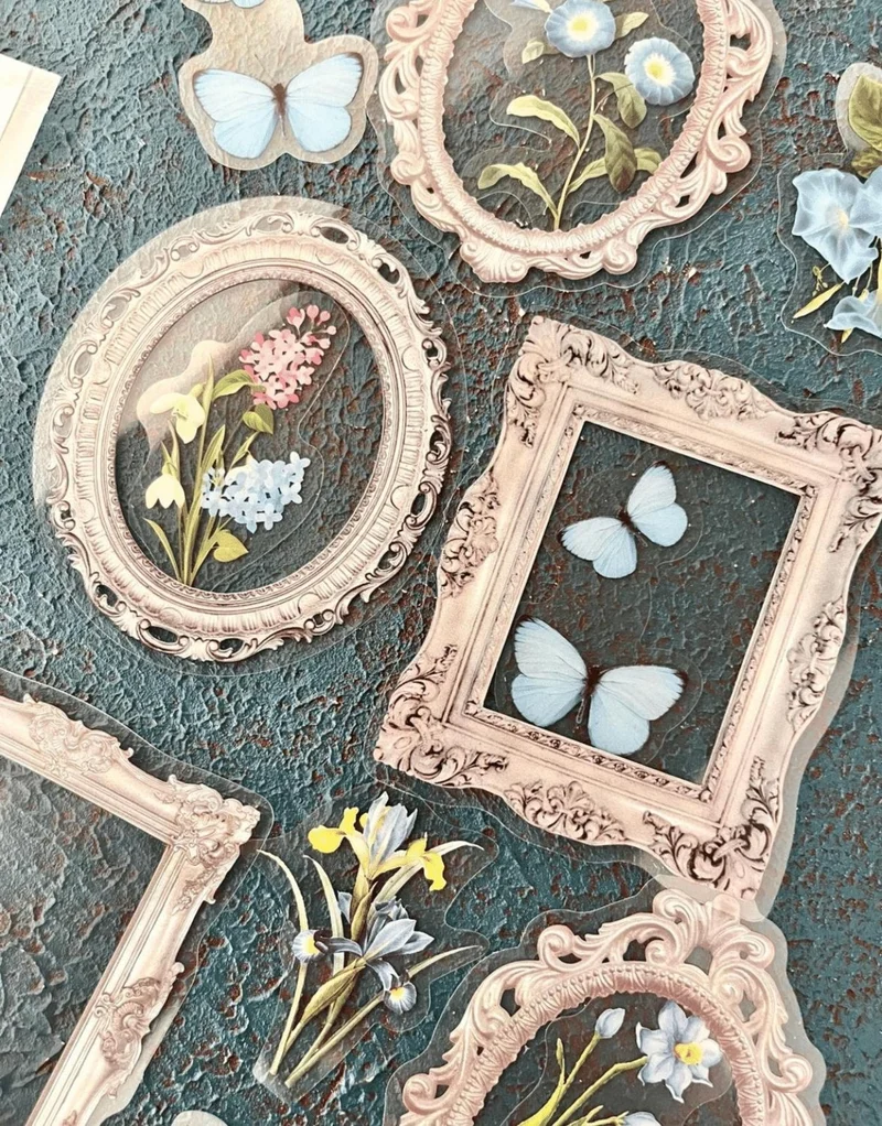 Kağıt Gemi Dükkan Flowers In Spring Series Blue Color Photo Frame with Flower Pattern 30 Transparent Pet Stickers