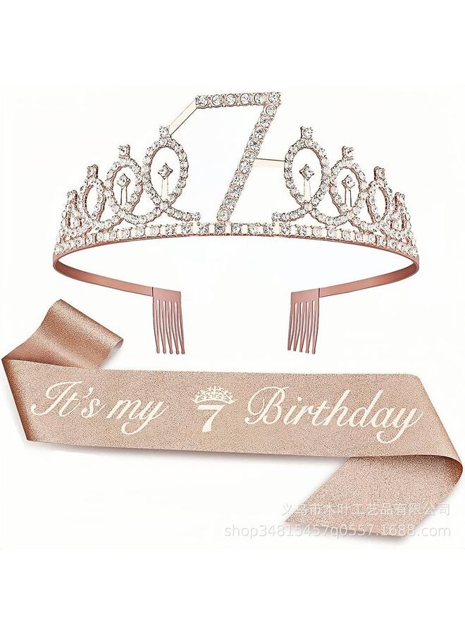 7th Birthday Party Supplies Crown, Sash, Pin Set - Decorations for Little Girls' Special Day - Image 1