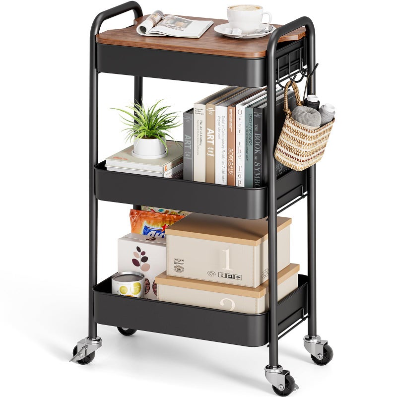 TOOLF 3-Tier Rolling Cart with Table Top, Metal Storage Cart on Wheels, Utility Organizer with Wooden Tray, Lockable Casters, Easy Assembly for Bathroom, Living Room, Office, Kitchen, Black - Image 1
