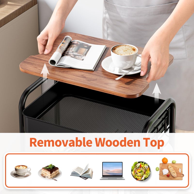 TOOLF 3-Tier Rolling Cart with Table Top, Metal Storage Cart on Wheels, Utility Organizer with Wooden Tray, Lockable Casters, Easy Assembly for Bathroom, Living Room, Office, Kitchen, Black - Image 3