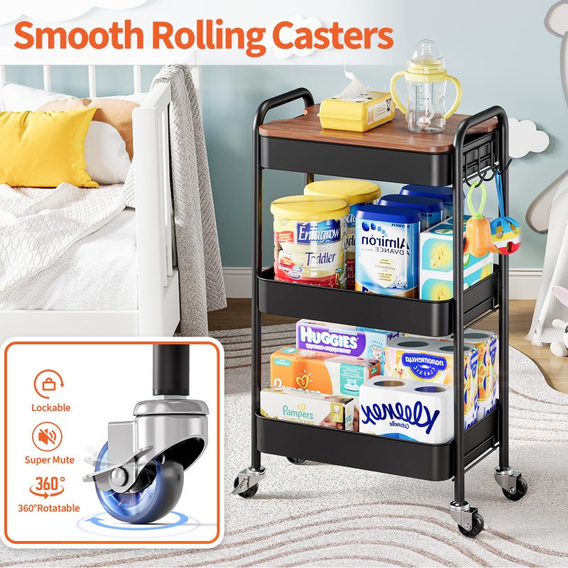 TOOLF 3-Tier Rolling Cart with Table Top, Metal Storage Cart on Wheels, Utility Organizer with Wooden Tray, Lockable Casters, Easy Assembly for Bathroom, Living Room, Office, Kitchen, Black - Image 5