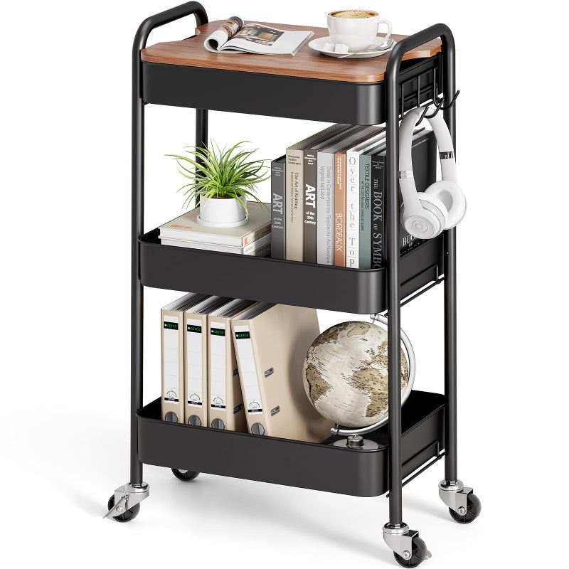 TOOLF 3-Tier Rolling Cart with Table Top, Metal Storage Cart on Wheels, Utility Organizer with Wooden Tray, Lockable Casters, Easy Assembly for Bathroom, Living Room, Office, Kitchen, Black - Image 2
