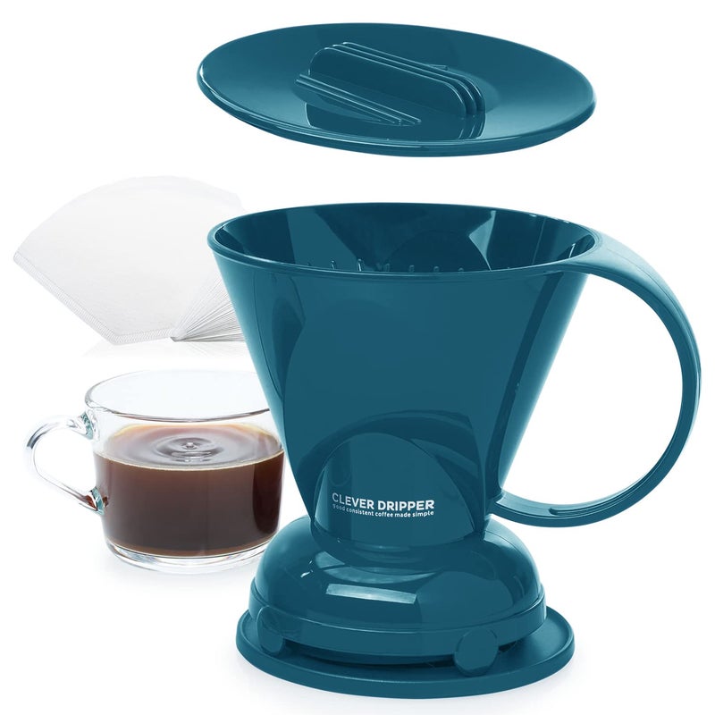 Clever Coffee Dripper and Filters Large 18 oz Baristas Choice Safe BPA Free PlasticIncludes 100 Filters Peacock Blue
