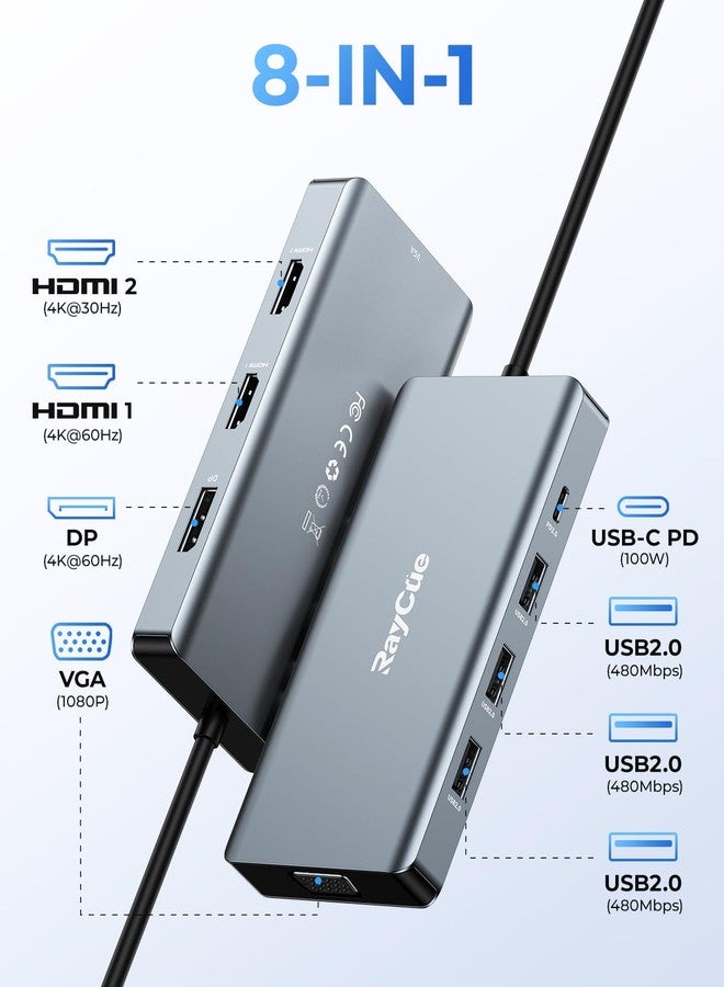 RayCue USB C Docking Station Dual Monitor Adapter, Laptop Docking Station 3 Monitors Quadruple Display USB C Hub Dongle to 4K HDMI+DP+VGA - Image 2