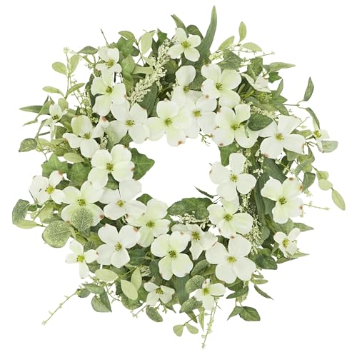 YNYLCHMX 18" Spring Summer Wreaths for Front Door, Artificial Floral Wreath with White Phalaenopsis Green Eucalyptus Leaves, Green Foliage Wreath for Wall Window Farmhouse Party Holiday Home Decor - Image 1