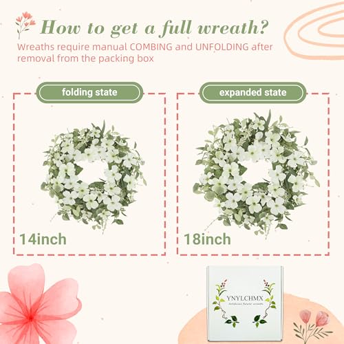 YNYLCHMX 18" Spring Summer Wreaths for Front Door, Artificial Floral Wreath with White Phalaenopsis Green Eucalyptus Leaves, Green Foliage Wreath for Wall Window Farmhouse Party Holiday Home Decor - Image 3
