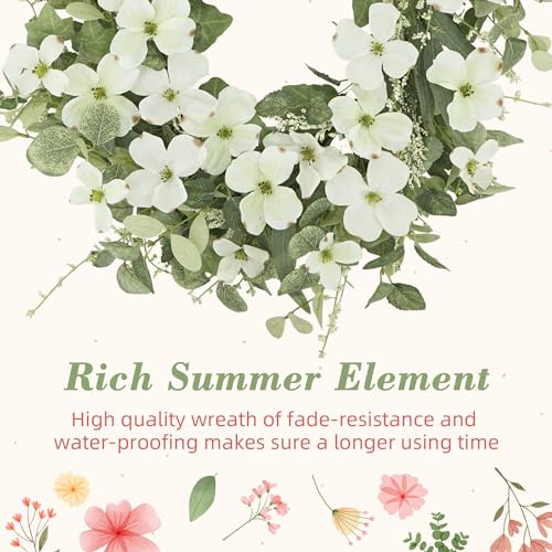 YNYLCHMX 18" Spring Summer Wreaths for Front Door, Artificial Floral Wreath with White Phalaenopsis Green Eucalyptus Leaves, Green Foliage Wreath for Wall Window Farmhouse Party Holiday Home Decor - Image 5