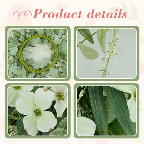 YNYLCHMX 18" Spring Summer Wreaths for Front Door, Artificial Floral Wreath with White Phalaenopsis Green Eucalyptus Leaves, Green Foliage Wreath for Wall Window Farmhouse Party Holiday Home Decor - Image 4