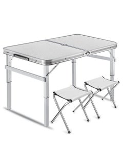 Camping Outdoor Table Folding Camping Table with 2 Stools Aluminum Folding Picnic Table Height Adjustable, Portable Set Barbecue Picnic Garden Outdoor Indoor Use for Party