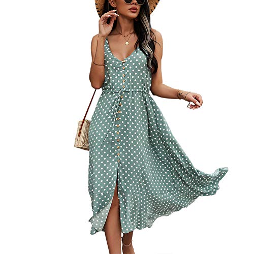 BROVAVE Women's 2025 Summer Casual Boho Sundress Polka Dot Spaghetti Strap V Neck Flowy Midi Dresses(008 Green, X-Large) - Image 1