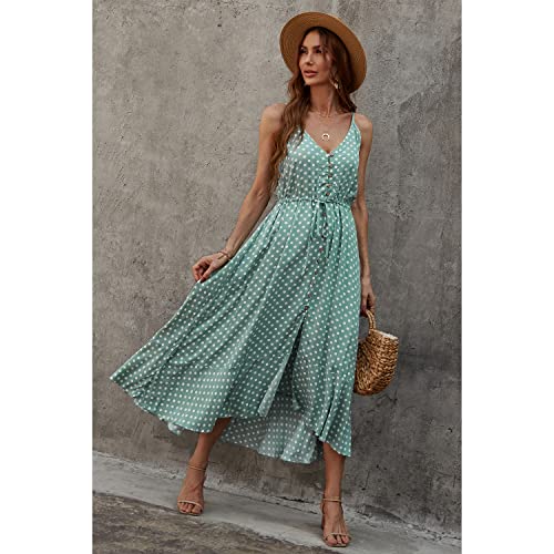 BROVAVE Women's 2025 Summer Casual Boho Sundress Polka Dot Spaghetti Strap V Neck Flowy Midi Dresses(008 Green, X-Large) - Image 4