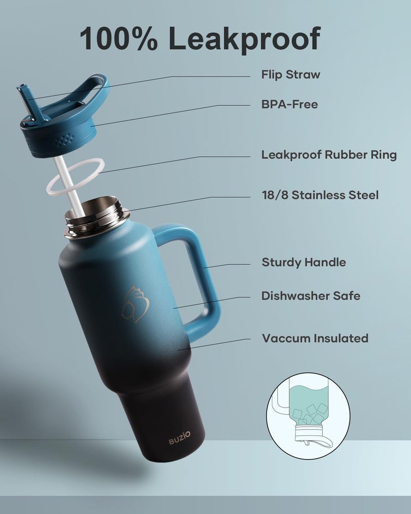 BUZIO 40 oz Tumbler with Handle and Straw, Stainless Steel Insulated Water Bottle Fits in Cup Holder with Straw & Spout Lid, Leak-Proof BPA-Free Travel Tumbler Keep Cold 48hrs &Hot 24hrs, Indigo Crush - Image 4