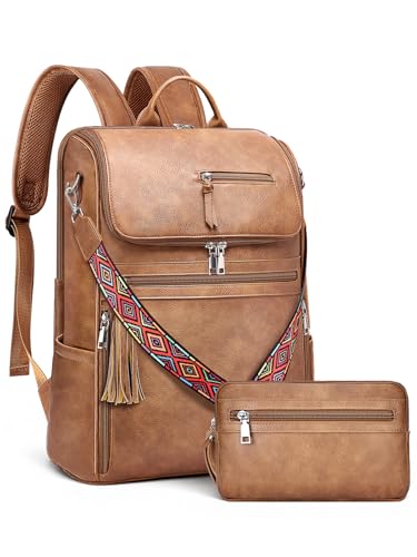 SYTRAH Leather Laptop Backpack for Women Designer Laptop Bag 165 inch Travel Computer Backpacks Purse with Tassel for Work Business with Satchel Purse Brown - Image 1