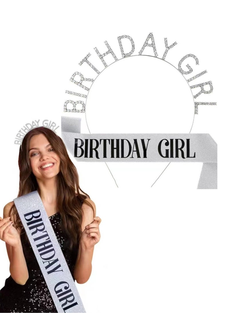 1 Set Birthday Girl Headband and Sash, Glitter Rhinestone Tiara Happy Birthday Crown Decorations  for Women Girls - Image 1
