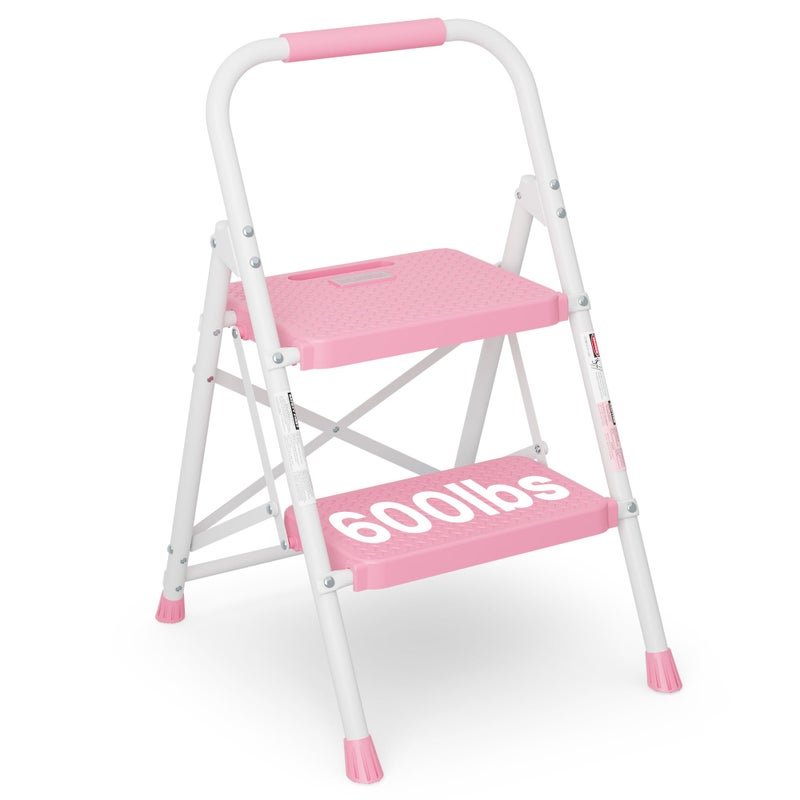 BONTEC 2Step Ladder Folding Step Stool 600lbs Max Load Capacity Sturdy Steel NonSlip Pedals Lightweight Portable Steel Ladder with Convenient Handrail Safety Design for Home Work Pink