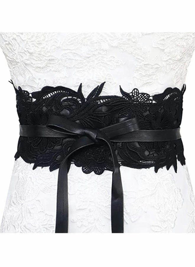 Women's Lace Waist Belt Wide Faux Leather Bow Tie Corset Belts Elastic Wrap Around Bands - Image 4