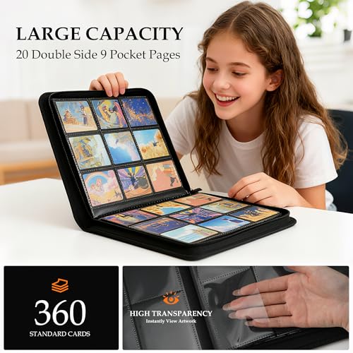 Coolbyl Card Binder 9 Pocket - Premium Card Collection Binder for 360 Cards, Durable Side-Loading Card Album with Zipper, Perfect for TCG, MTG, and Sports Cards, Black - Image 5