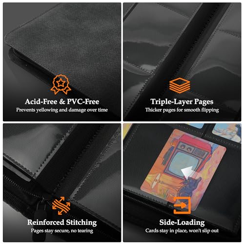Coolbyl Card Binder 9 Pocket - Premium Card Collection Binder for 360 Cards, Durable Side-Loading Card Album with Zipper, Perfect for TCG, MTG, and Sports Cards, Black - Image 4