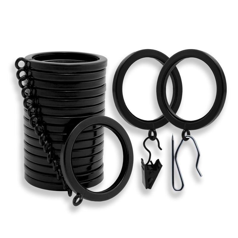 BlastHome Luxury Curtain Rings  Premium Metal with Quiet Smooth Nylon Inserts  Pinhooks and Clips Included  1 12 Inside Diameter  18 Rings for Two Standard Curtains  Tuxedo Black