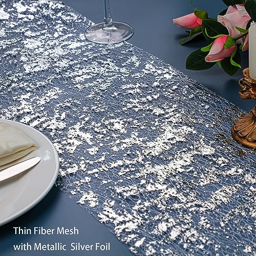 Snowkingdom 2 Pieces Silver Table Runner, Sequin Glitter Foil Metallic Thin Mesh Runner Roll 11"x108", Silver Table Decorations Centerpiece for Wedding Birthday Party Christmas - Image 2