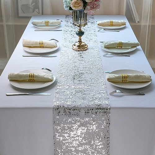 Snowkingdom 2 Pieces Silver Table Runner, Sequin Glitter Foil Metallic Thin Mesh Runner Roll 11"x108", Silver Table Decorations Centerpiece for Wedding Birthday Party Christmas - Image 4