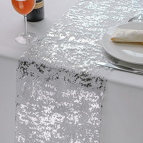 Snowkingdom 2 Pieces Silver Table Runner, Sequin Glitter Foil Metallic Thin Mesh Runner Roll 11"x108", Silver Table Decorations Centerpiece for Wedding Birthday Party Christmas - Image 3