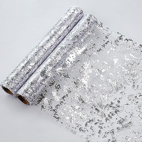 Snowkingdom 2 Pieces Silver Table Runner, Sequin Glitter Foil Metallic Thin Mesh Runner Roll 11"x108", Silver Table Decorations Centerpiece for Wedding Birthday Party Christmas - Image 1