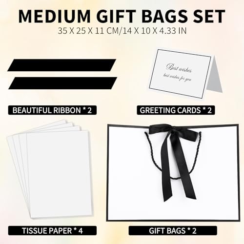 woric White Gift Bags with Handles 14 Medium Gift Bag with Tissue Paper 2 Pcs Gift Bags with 4 Tissue Paper and 2 Cards for Graduation Fathers Day Wedding Bridal Shower Birthday Party - Image 3
