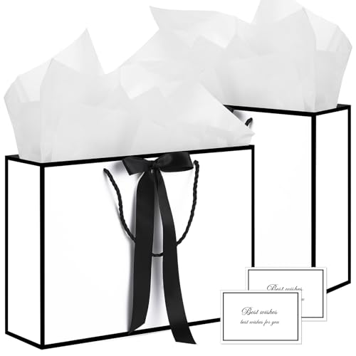 woric White Gift Bags with Handles 14 Medium Gift Bag with Tissue Paper 2 Pcs Gift Bags with 4 Tissue Paper and 2 Cards for Graduation Fathers Day Wedding Bridal Shower Birthday Party - Image 1