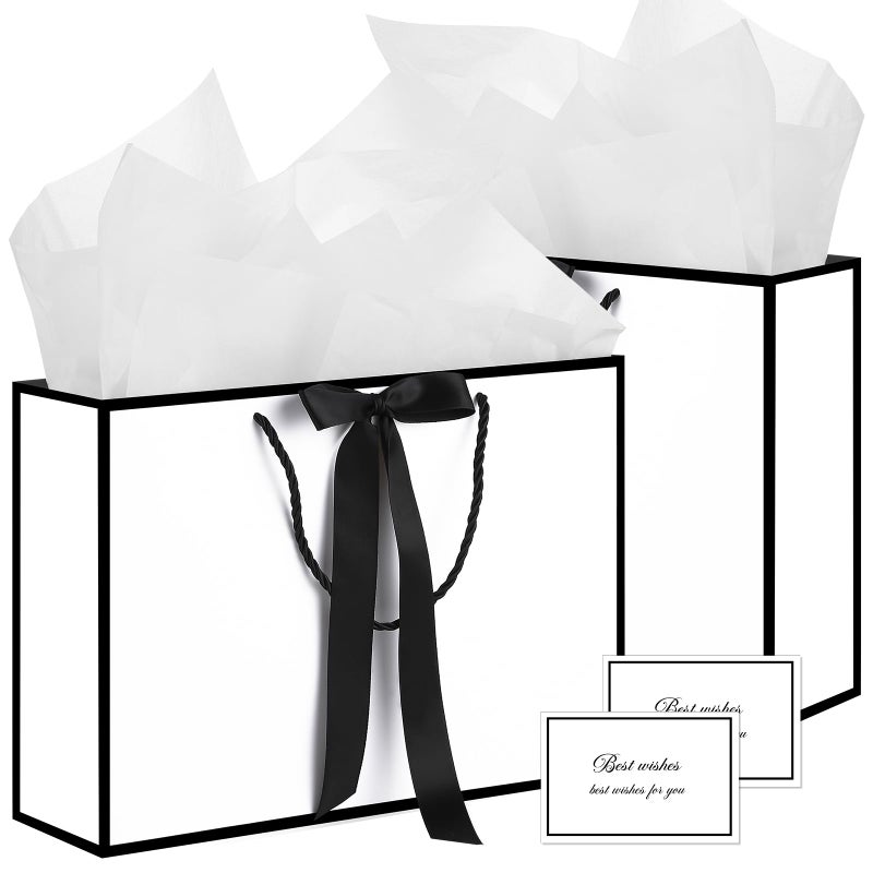woric White Gift Bags with Handles 14 Medium Gift Bag with Tissue Paper 2 Pcs Gift Bags with 4 Tissue Paper and 2 Cards for Graduation Fathers Day Wedding Bridal Shower Birthday Party - Image 2