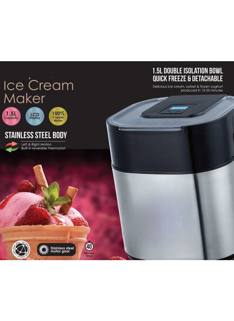 Generic - Electric Ice Cream Maker 1.5L Double Isolation Bowl with LCD Display and Timer Function, Ready in 25 Min, Portable Ice Cream Machine for Home, Ideal for Making Sorbet, Frozen Yogurt & Dessert - Image 1