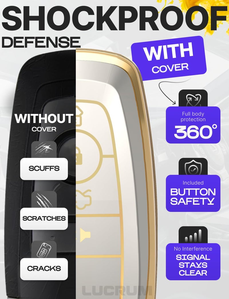 Lucrum غطاء مفتاح متوافق مع فورد لوكروم وسلسلة مفاتيح جلدية، علبة مفتاح لبرونكو إكسبلورر إيدج إيسكايب إكسبيديشن فيوجن موستانغ، لمفتاح عن بُعد 4 أزرار (2018-2025) - أبيض وذهبي - Image 4