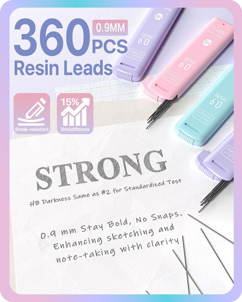 Four Candies Cute Mechanical Pencils 0.9 mm, Pencil Set with 360PCS Lead Refills & Pastel Erasers, School Supplies with Case - Image 5