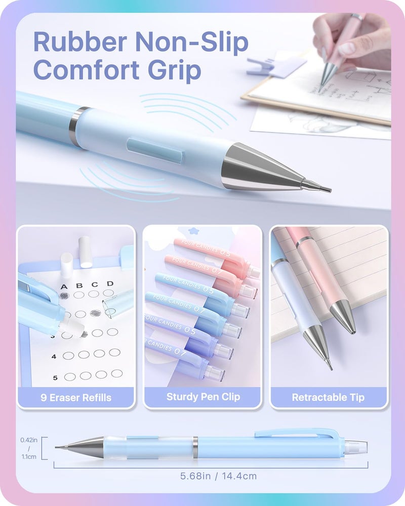 Four Candies Cute Mechanical Pencils 0.9 mm, Pencil Set with 360PCS Lead Refills & Pastel Erasers, School Supplies with Case - Image 4