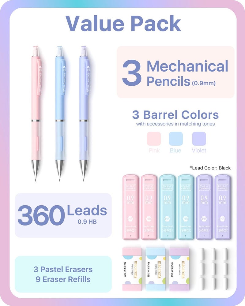 Four Candies Cute Mechanical Pencils 0.9 mm, Pencil Set with 360PCS Lead Refills & Pastel Erasers, School Supplies with Case - Image 2