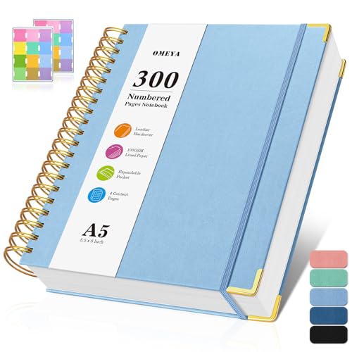 OMEYA Spiral Notebook, 300 Numbered Pages Notebooks College Ruled with Contens, 100GSM Thick Journal for Women Men, Hardcover Leather Lined Journal for Writing, Large A5 Journaling Notebooks for Work School - Image 1