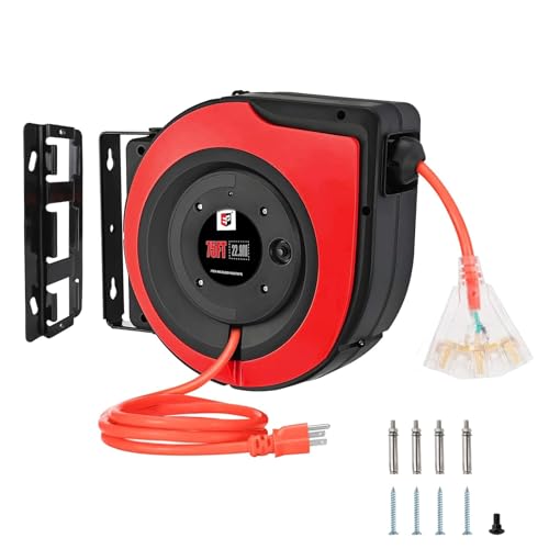 EP Retractable Extension Cord Reel,75 Feet 14 AWG/3C SJTOW Heavy Duty Power Cord,10 AMP Circuit Breaker, 3-Lighted Triple Outlets,Ceiling or Wall Mount Use Indoor, Red - Image 1