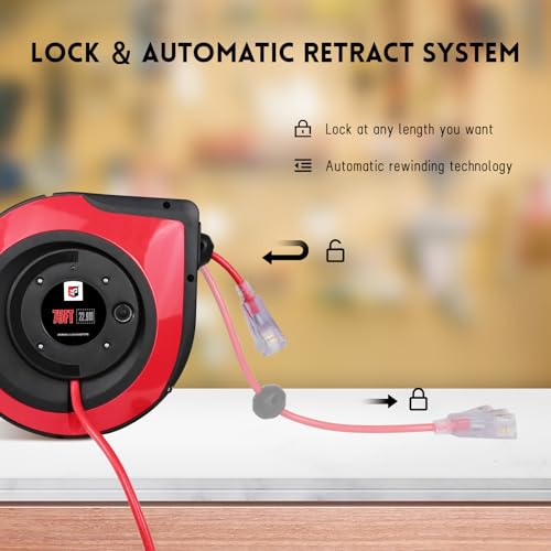 EP Retractable Extension Cord Reel,75 Feet 14 AWG/3C SJTOW Heavy Duty Power Cord,10 AMP Circuit Breaker, 3-Lighted Triple Outlets,Ceiling or Wall Mount Use Indoor, Red - Image 4